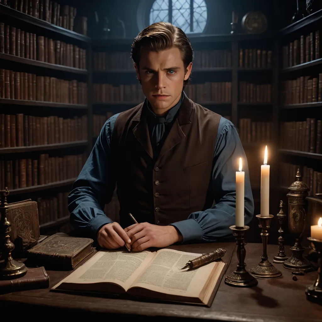 a man sitting at a table with a book and a candle in front of him in a library with books, pre-raphaelitism, a character portrait, Christian W. Staudinger, promotional image