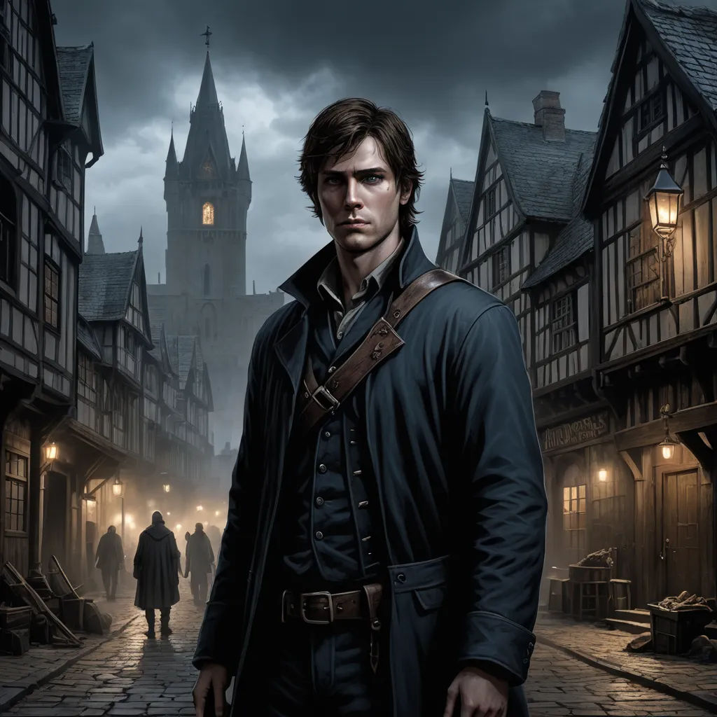 a man in a coat standing in a street with a clock tower in the background and a dark sky, fantasy art, a character portrait, Cedric Seaut (Keos Masons), key art