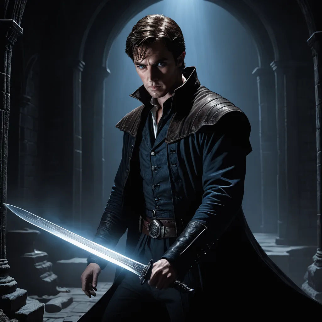a man in a black coat holding a sword in a dark tunnel with light coming from behind him and a light shining on the floor, gothic art, a character portrait, Cedric Seaut (Keos Masons), promotional image