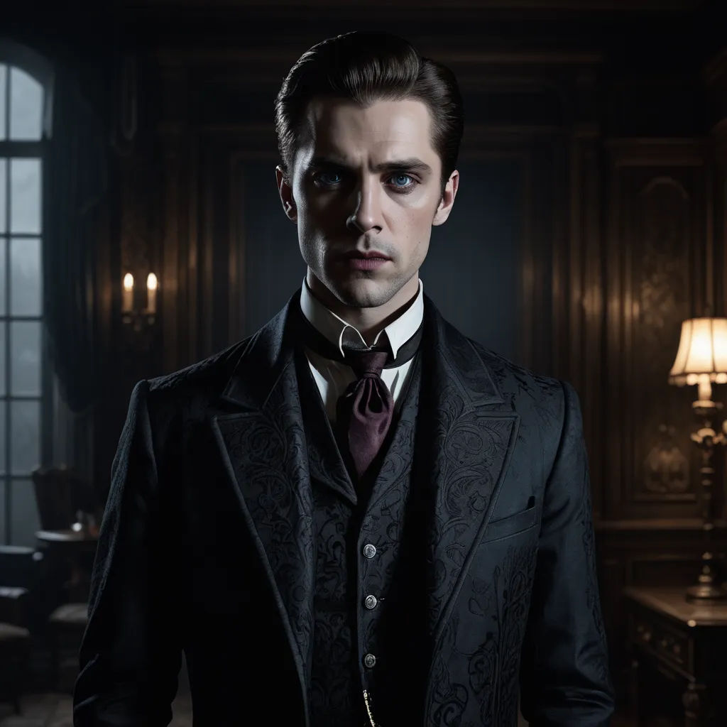 a man in a suit and tie standing in a dark room with a lamp on the side of the room, pre-raphaelitism, a character portrait, Felix Octavius Carr Darley, promotional image