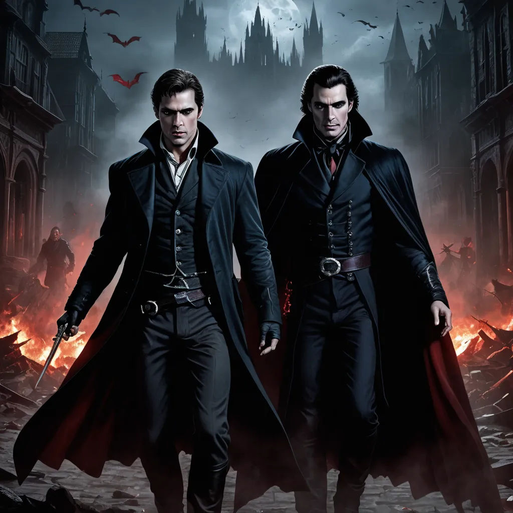 two men in black coats and red capes standing in front of a castle with a red flame in the background, gothic art, poster art, Anne Stokes, key art