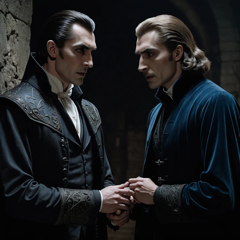 two men in renaissance clothing standing next to each other in a dark room with a stone wall and a doorway, international gothic, a poster, Dirk Crabeth, promotional image