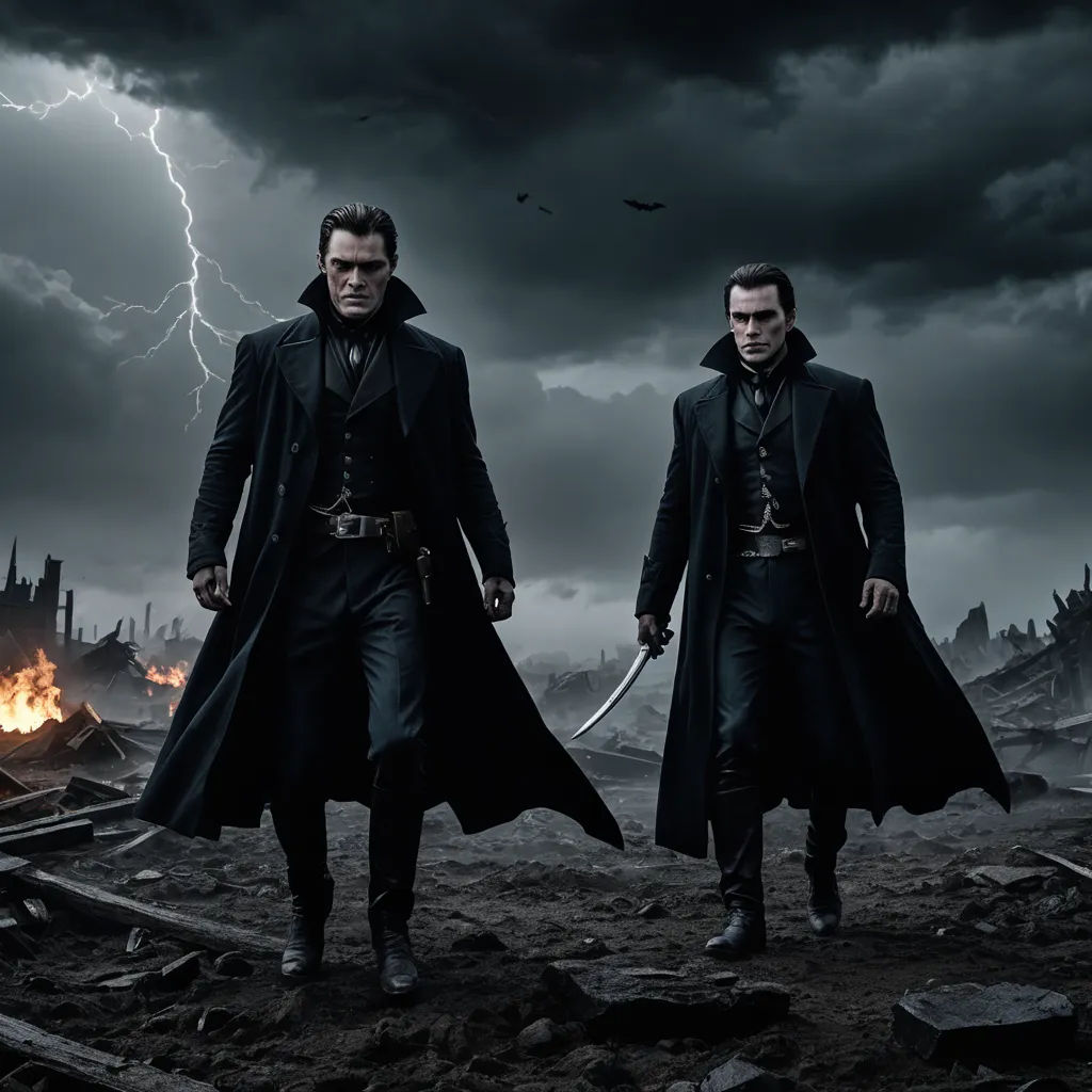 two men in black coats and black coats with a sword in their hands, standing in front of a dark sky with lightning, gothic art, a detailed matte painting, Dirk Crabeth, promotional image