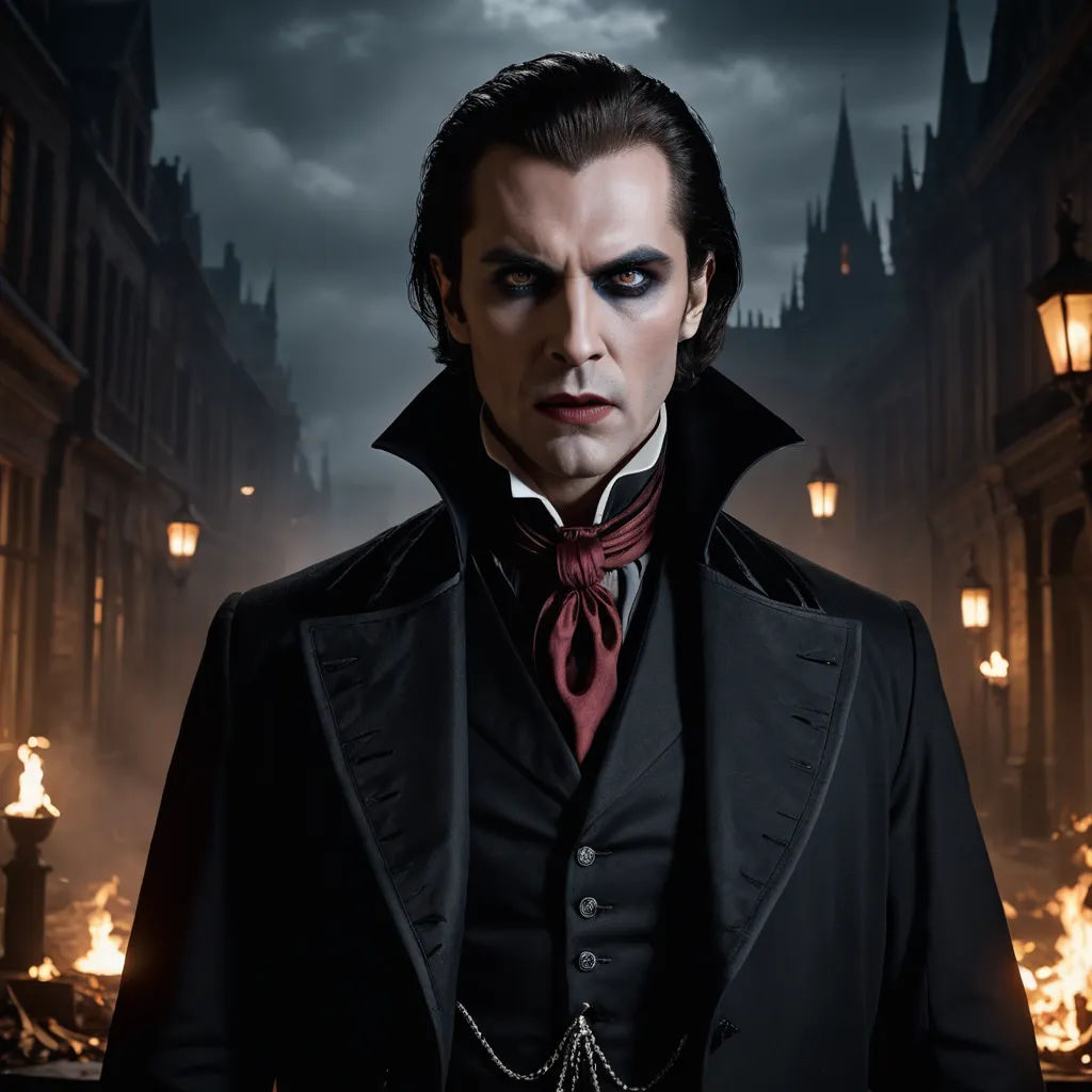 a man in a black suit and red tie in front of a dark city with a clock tower and street lights, gothic art, a character portrait, Dirk Crabeth, dark shadows