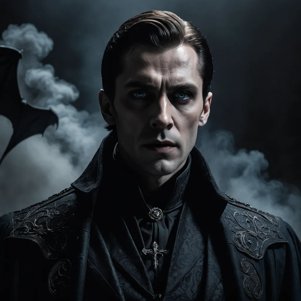 a man in a black coat with a bat flying in the background and a dark smoke cloud behind him, gothic art, a character portrait, Dirk Crabeth, promotional image