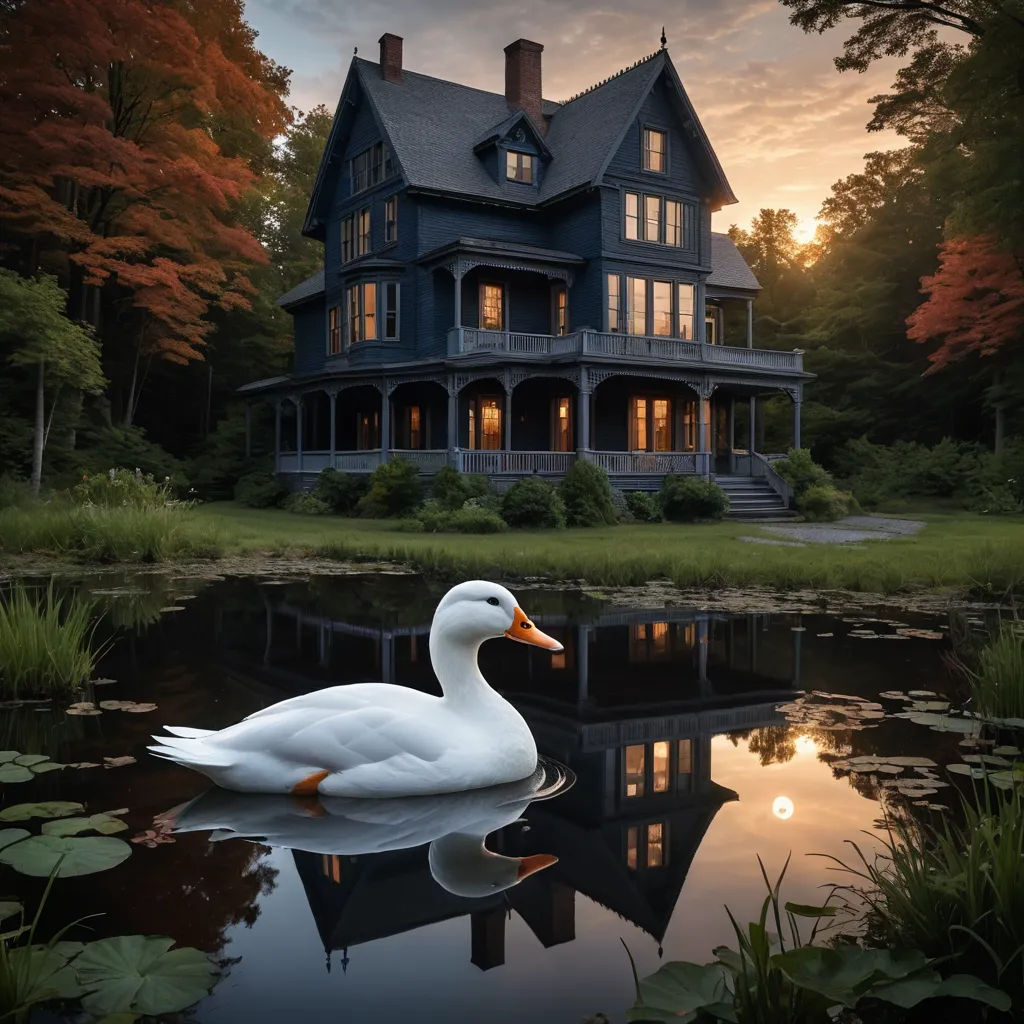 a white duck floating on top of a lake next to a house with a dark roof and windows on it, art photography, a storybook illustration, Evgeny Lushpin, award - winning photography
