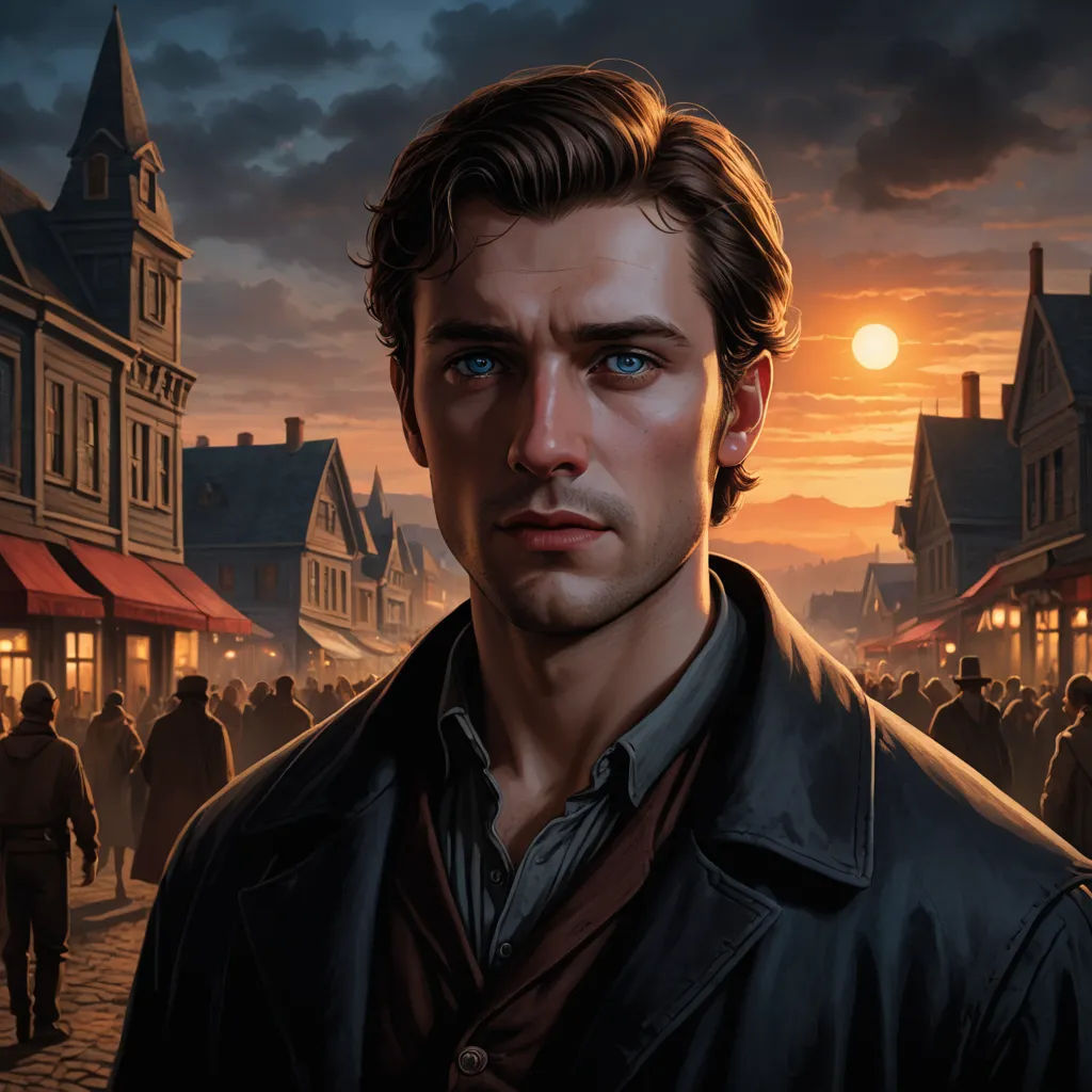 a man in a black jacket is standing in front of a crowd of people in a town at night, sots art, a character portrait, Cedric Seaut (Keos Masons), kinkade