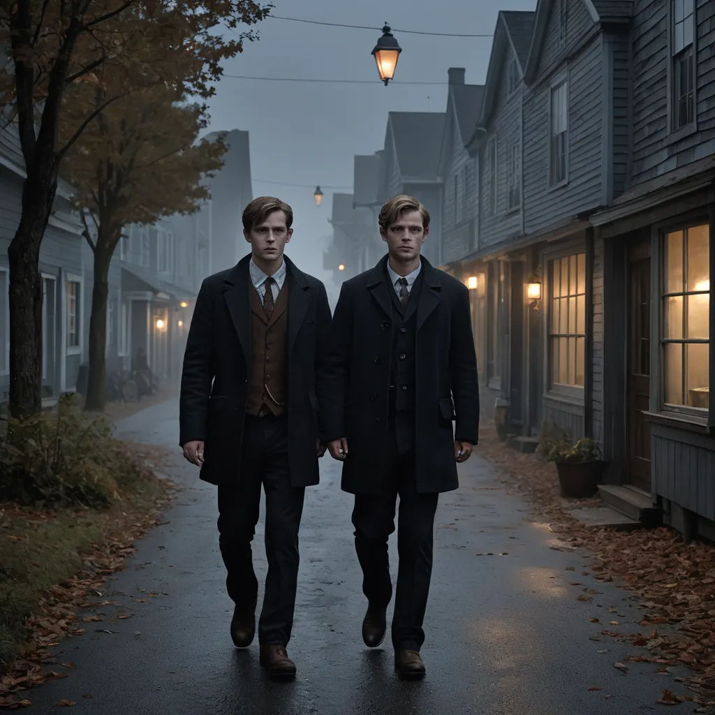 two men walking down a street in the rain at night with a lamp on the side of the street, international gothic, concept art, Armin Hansen, promotional image