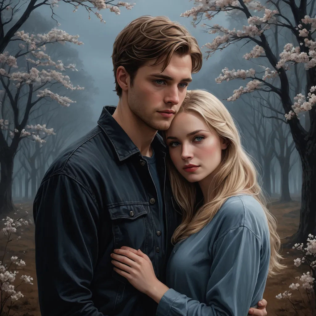 a painting of a couple embracing in front of a forest of flowers and trees with a moon in the sky, figurative art, a hyperrealistic painting, Colin Middleton, highly detailed digital painting