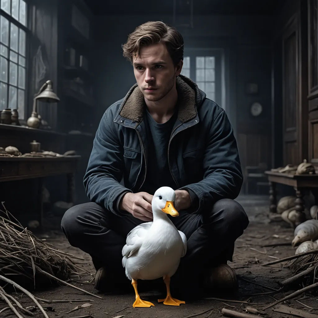 a man kneeling down with a duck in his hand in a room with many ducks in it and a clock in the background, symbolism, poster art, David Park, promotional image