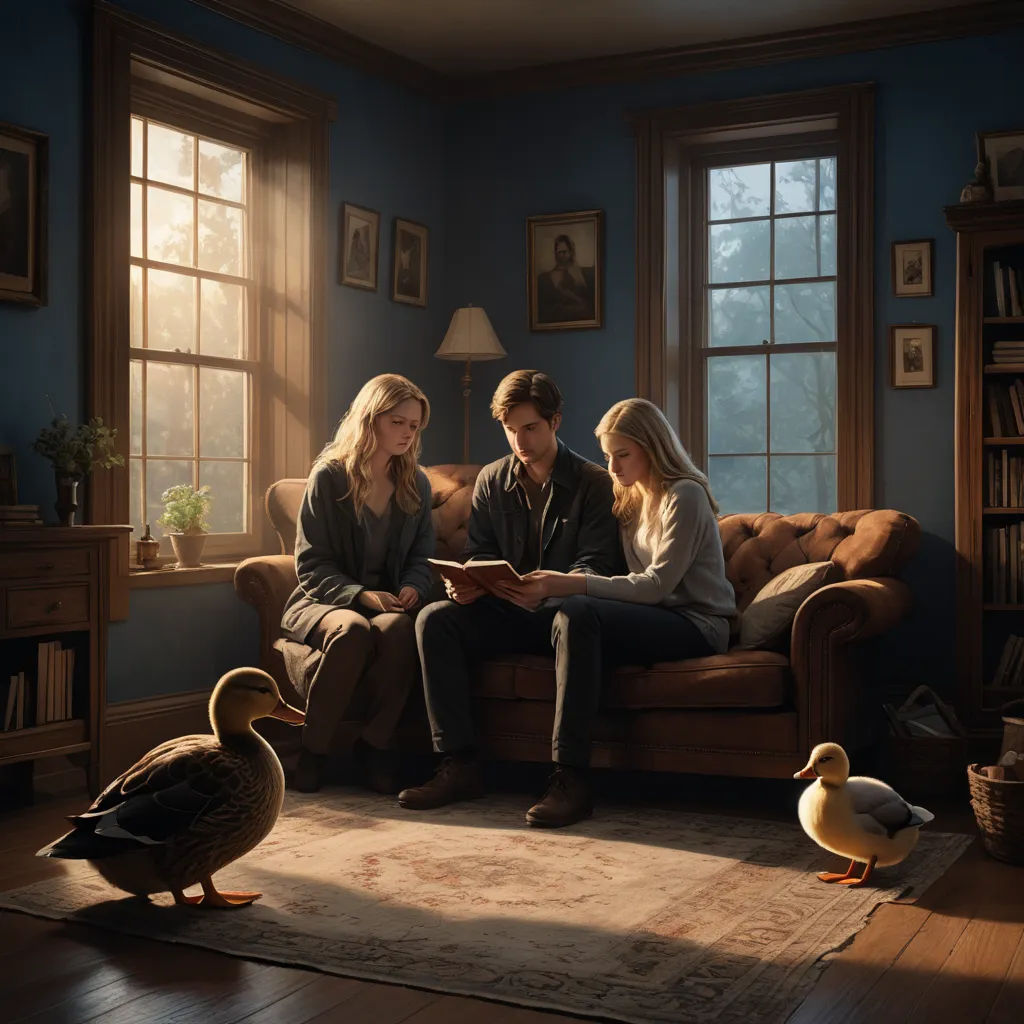 a man and woman sitting on a couch with ducks in front of them and a man reading a book, american scene painting, a storybook illustration, Chris LaBrooy, promotional image