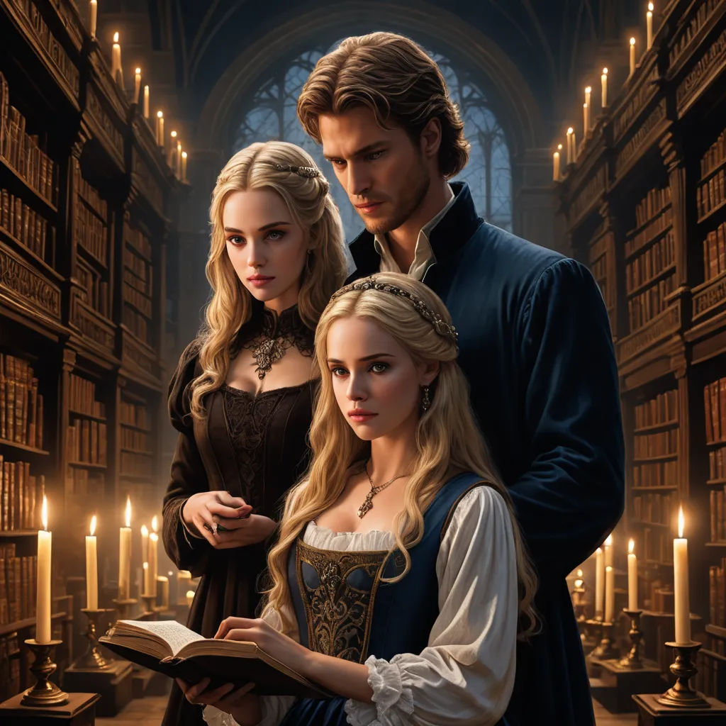 a man and a woman standing in a library with books on the shelves and candles in the background,, gothic art, a storybook illustration, Dirk Crabeth, promotional image