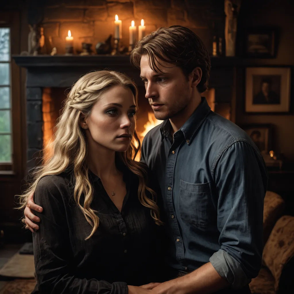 a man and a woman standing in front of a fireplace in a living room with candles on the wall, international gothic, a poster, Dirk Crabeth, promotional image