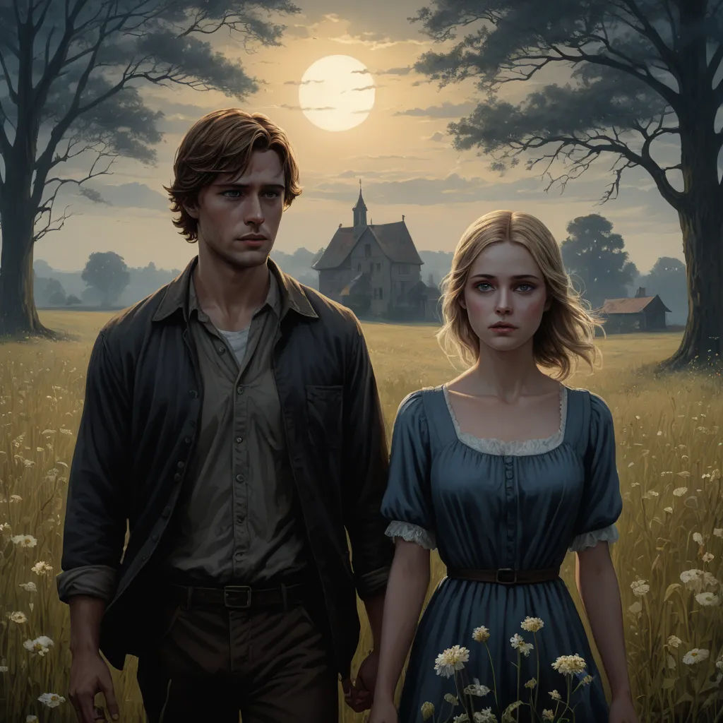 a painting of a man and a woman standing in a field with a house in the background and a full moon in the sky, international gothic, a fine art painting, Brothers Hildebrandt, key art
