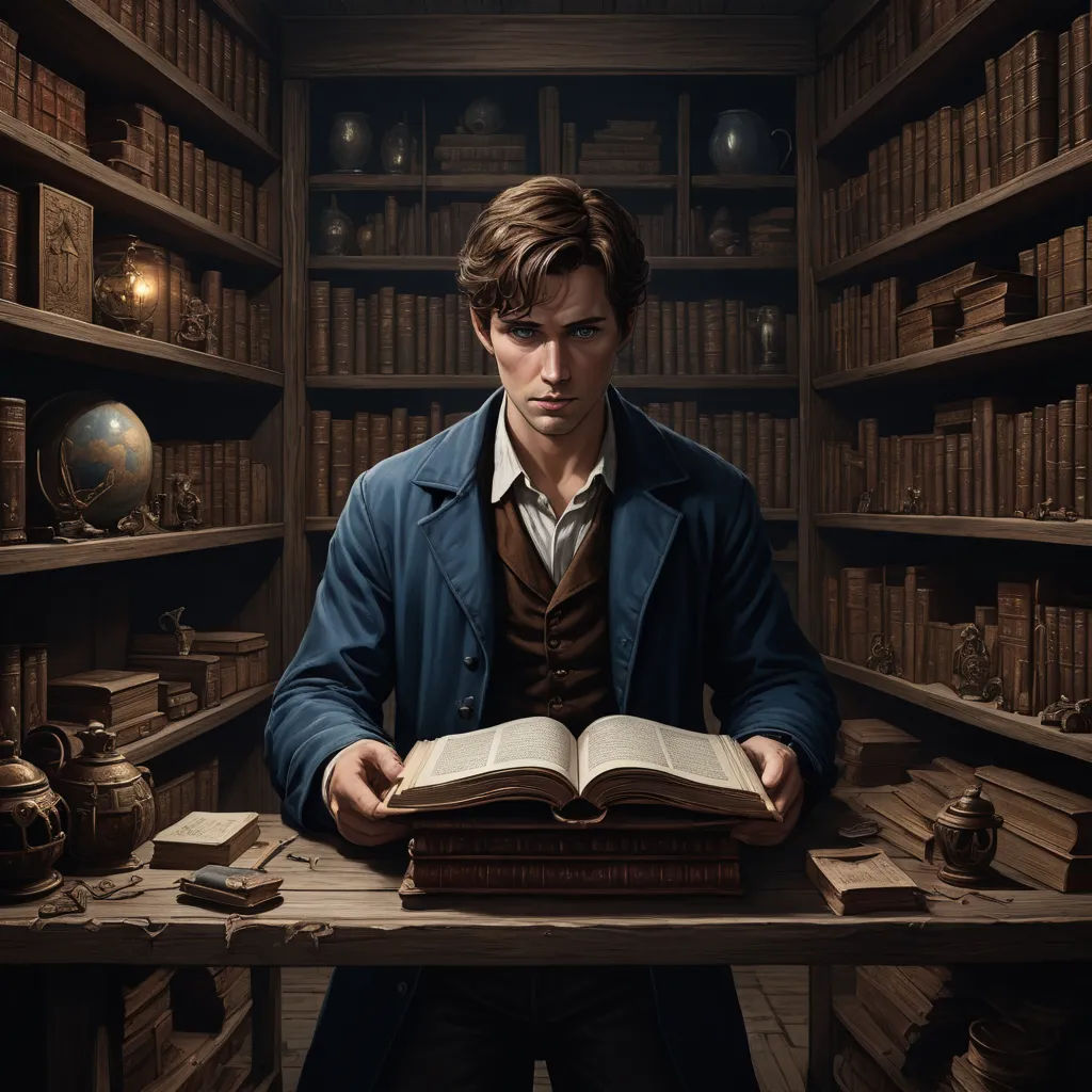 a man is sitting at a desk with a book in his hands and a book in his other hand, pre-raphaelitism, a character portrait, Chris LaBrooy, promotional image