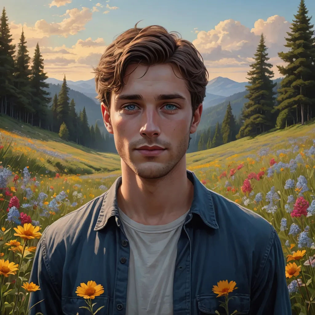 a painting of a man standing in a field of flowers with mountains in the background and clouds in the sky, photorealism, a hyperrealistic painting, Chris LaBrooy, extremely detailed oil painting