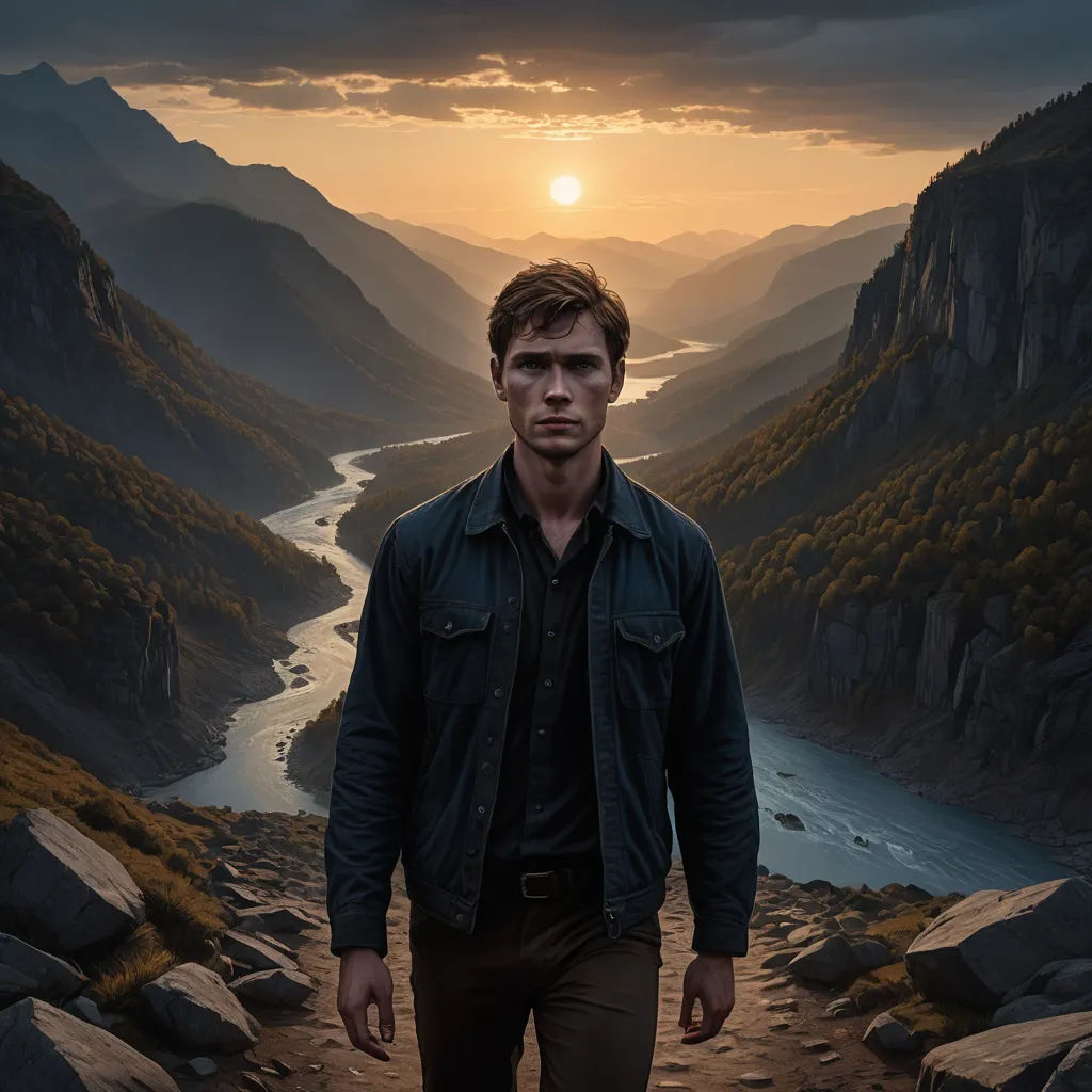 a man standing on a mountain looking at the camera with a sunset in the background and a river running through the valley, aestheticism, a matte painting, Daniel Lieske, promotional image
