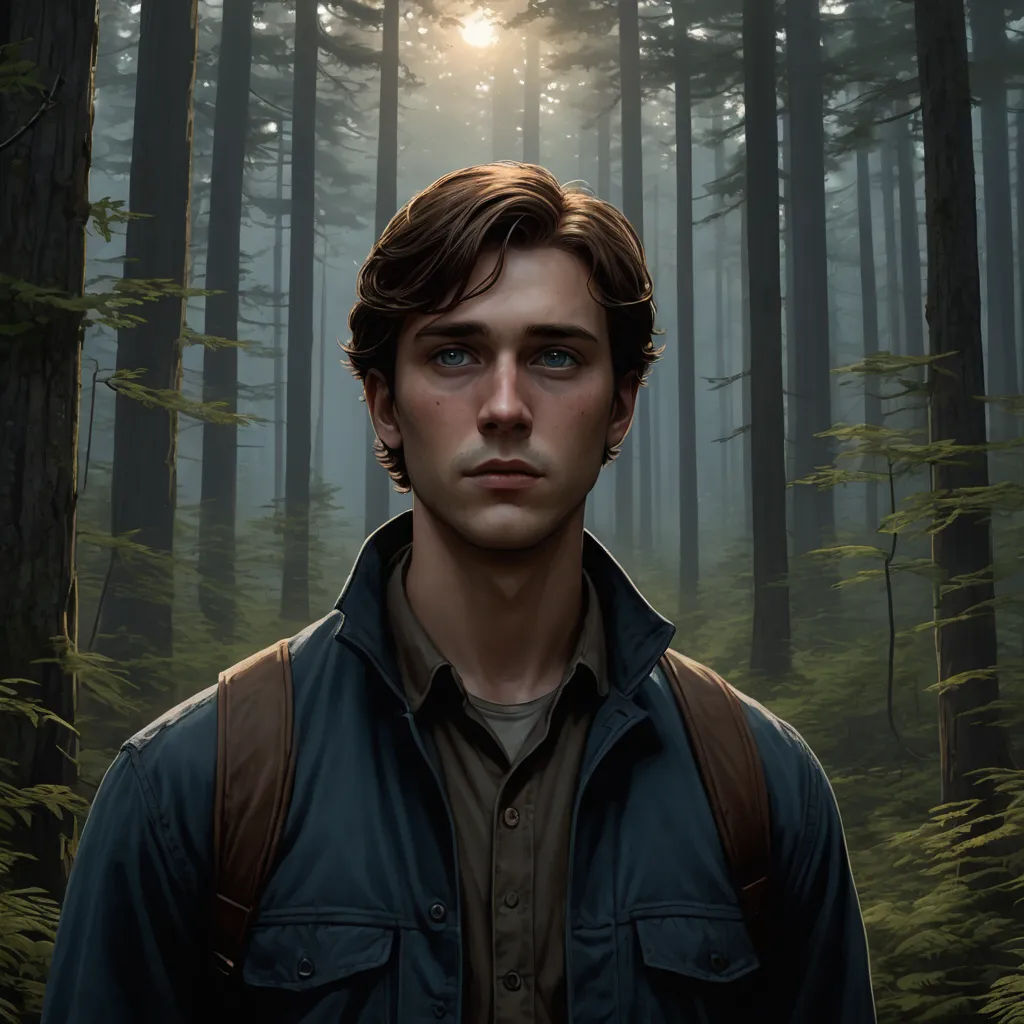 a man standing in a forest with a backpack on his back and a sun shining through the trees behind him, sots art, a character portrait, Clark Voorhees, dan mumford. octane render