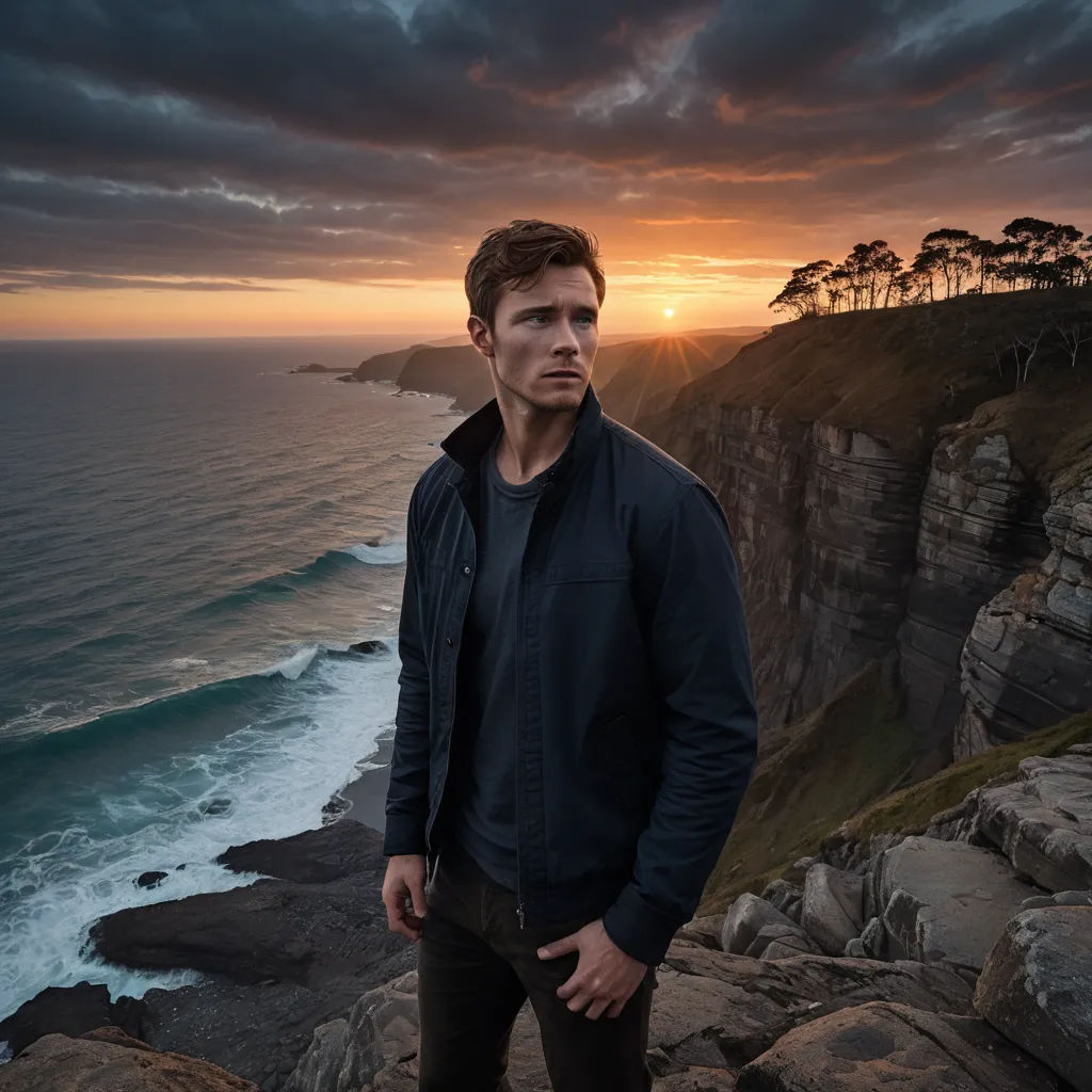 a man standing on a cliff overlooking the ocean at sunset with a dramatic sky in the background and a sunset over the ocean, aestheticism, a character portrait, Evan Charlton, promotional image