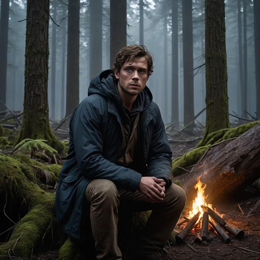 a man sitting in front of a fire in the woods with a forest background and trees in the background, aestheticism, a hologram, David Budd, promotional image