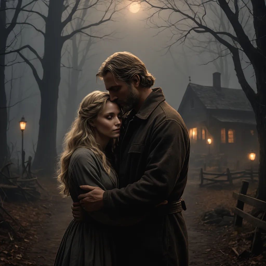 a man and a woman standing in front of a house in the woods at night with a light on, american romanticism, a poster, Anne Said, promotional image