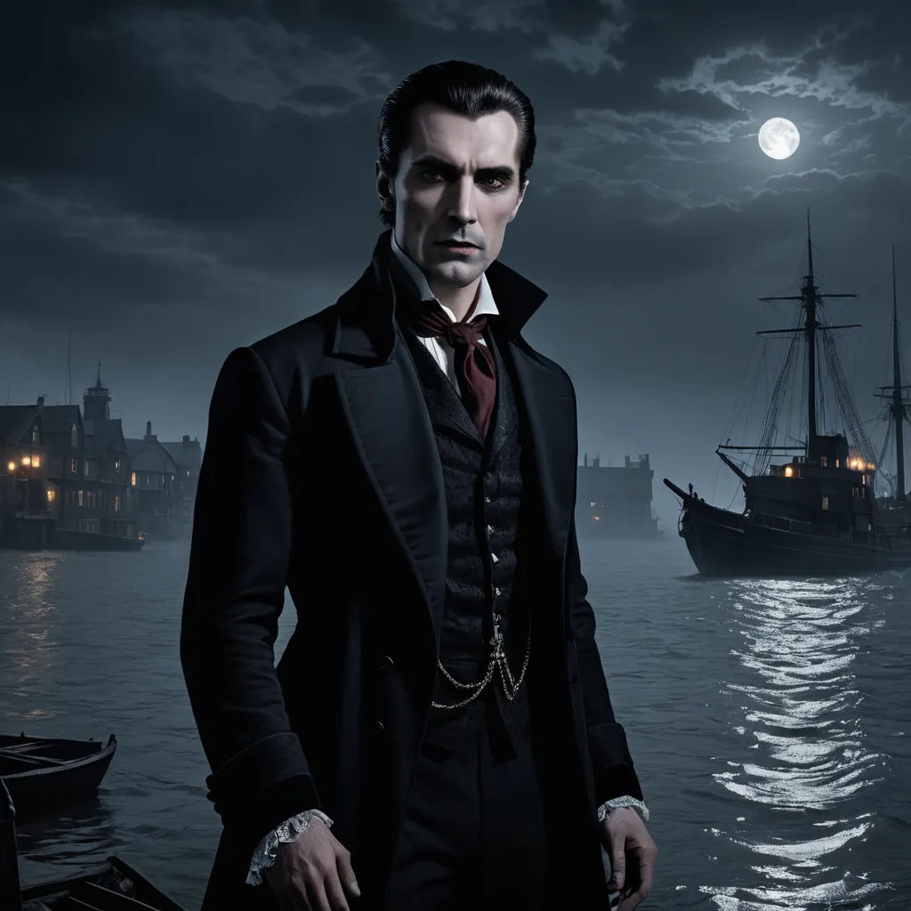 a man in a suit standing in front of a boat in the water at night with a full moon in the sky, gothic art, a character portrait, Dirk Crabeth, dark shadows