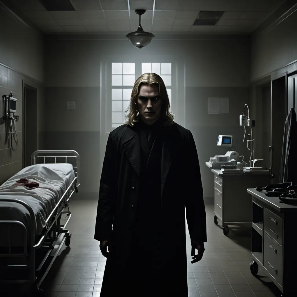 a man in a long coat standing in a dark room with a hospital bed and a monitor on the wall, gothic art, a character portrait, Dirk Crabeth, promotional image