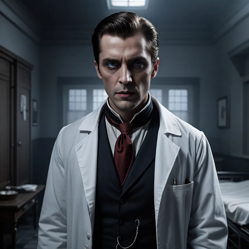 a man in a white coat and tie standing in a room with a bed and a desk in the background, aestheticism, a character portrait, David Annand, promotional image