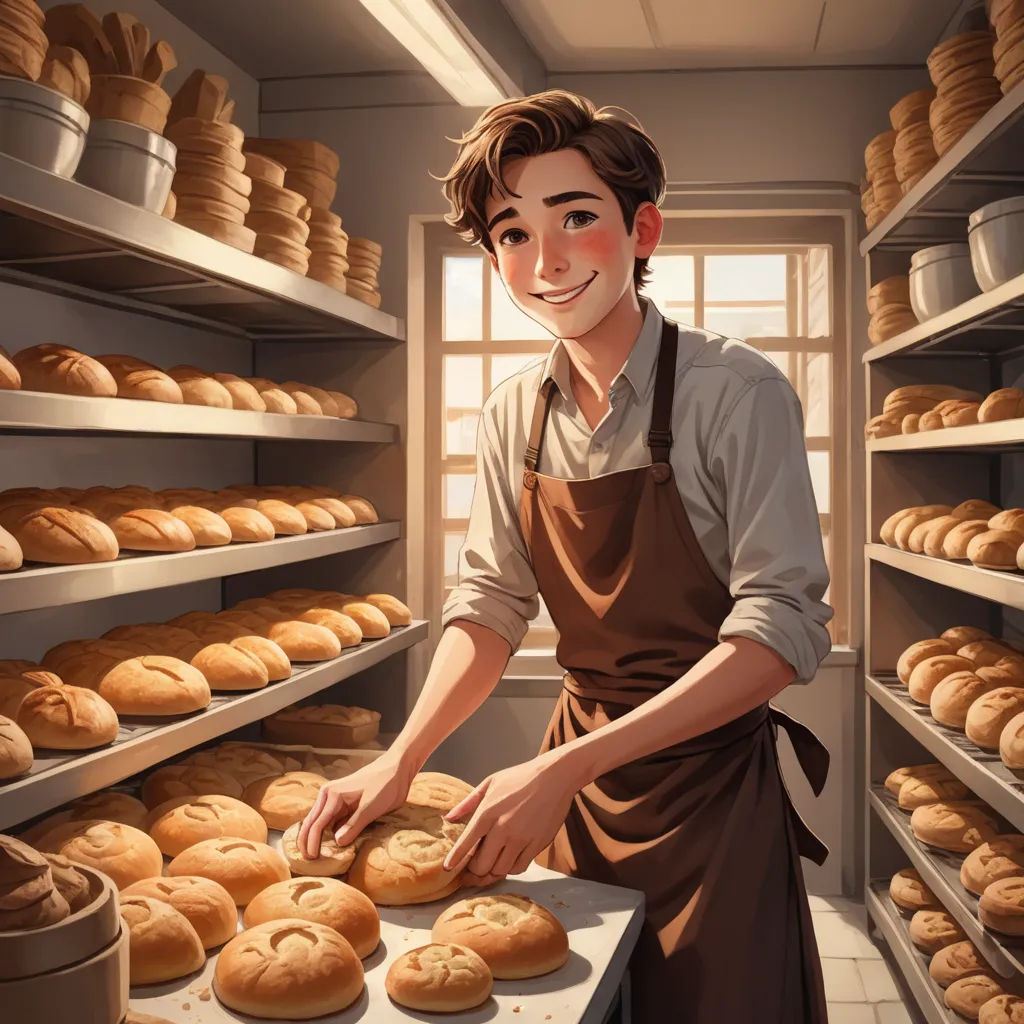 a man in an apron is making bread in a bakery with a rack of breads behind him and a window, fantastic realism, a storybook illustration, Alejandro Burdisio, kinkade