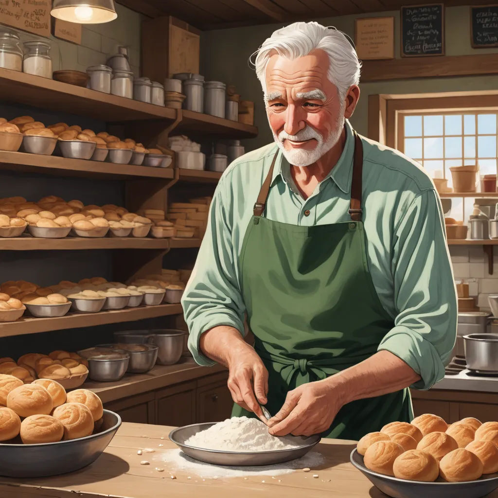 a man in an apron is making a doughnut in a bakery with a lot of shelves of baked goods, american scene painting, a storybook illustration, Evgeny Lushpin, highly detailed digital painting