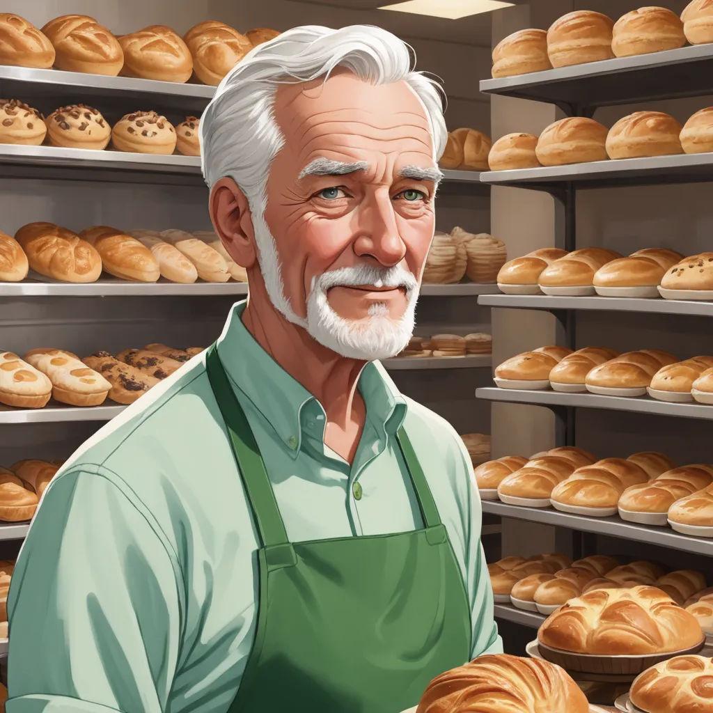 a man in a bakery holding a tray of bread in front of a shelf of baked goods in a bakery, remodernism, a stock photo, Dan Content, very detailed faces