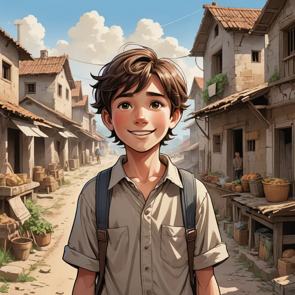 a boy with a backpack standing in front of a village with a street and houses in the background and a sky with clouds, magical realism, a character portrait, Diego Gisbert Llorens, rossdraws global illumination