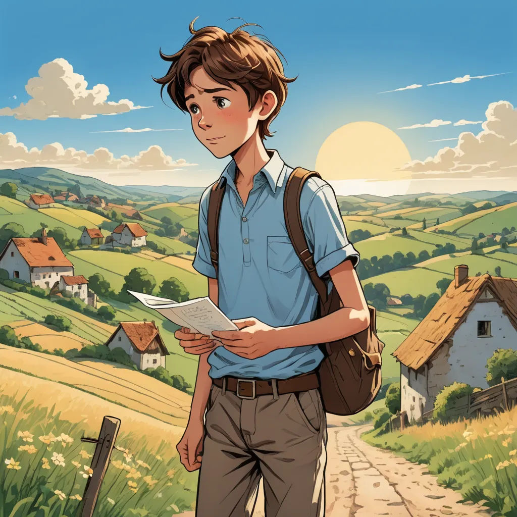 a boy is standing on a path reading a book in a rural area with a farm and houses in the background, art & language, a comic book panel, Cedric Seaut (Keos Masons), official art