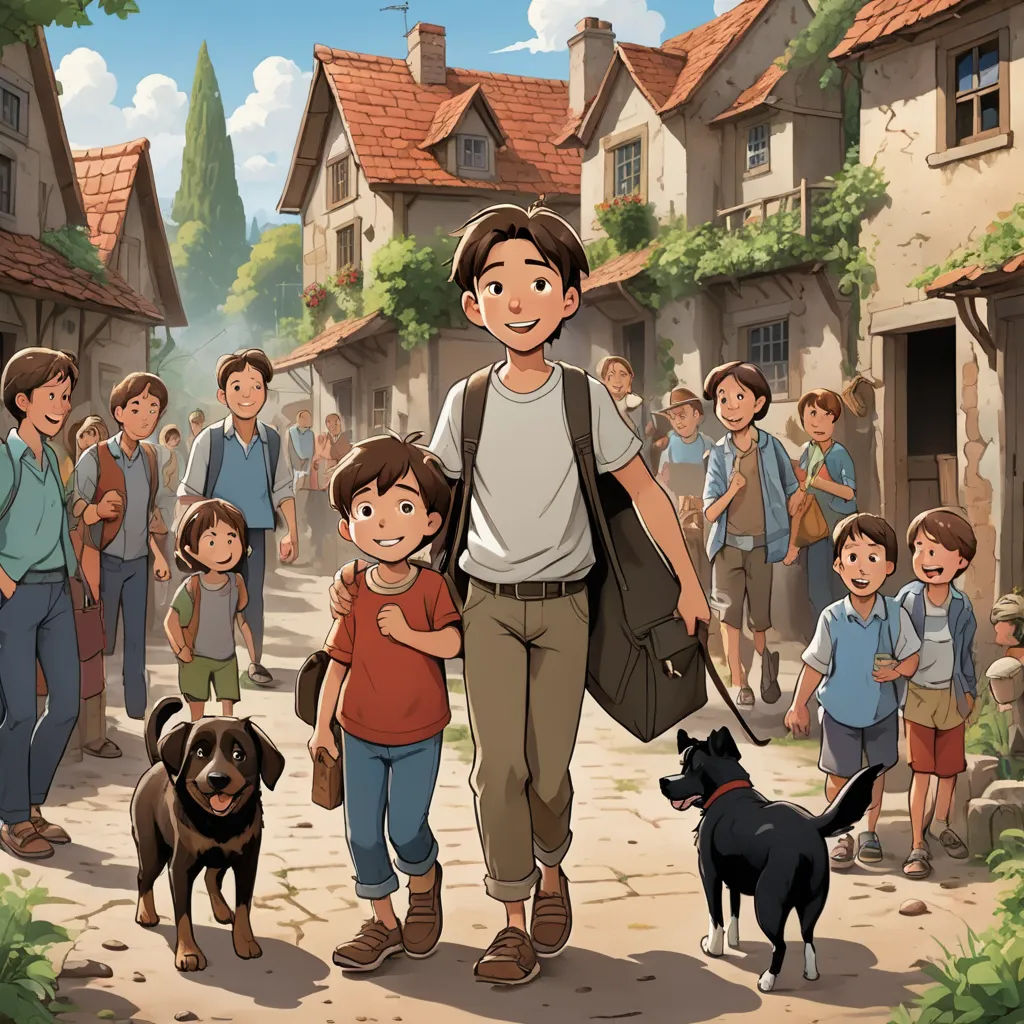 a man and two children walking down a street with a dog and a group of people behind them in front of them, les automatistes, a storybook illustration, Brothers Hildebrandt, official art