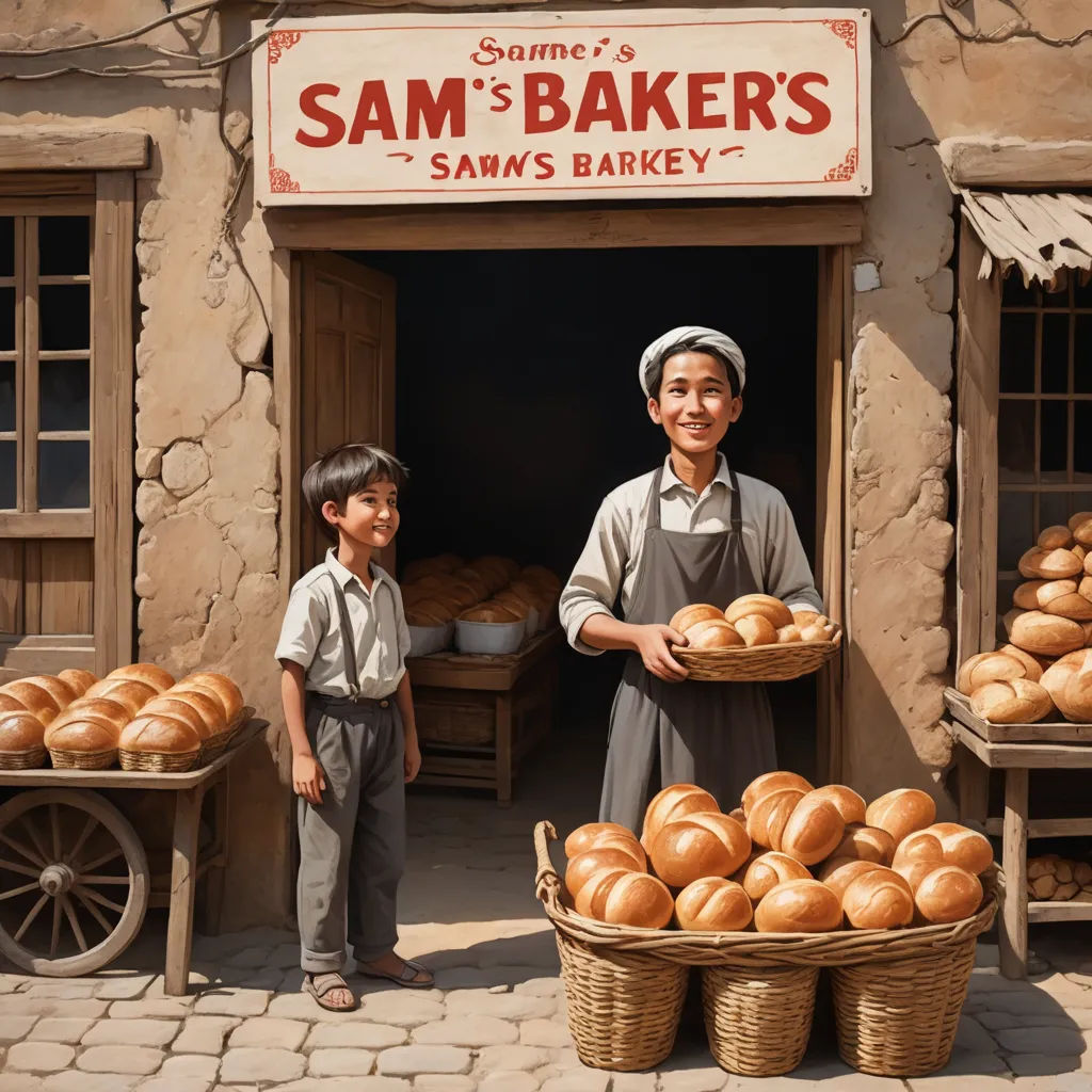a man and boy standing in front of a bakery with breads in baskets on the outside of the building, american scene painting, a detailed matte painting, Bob Byerley, highly detailed digital painting