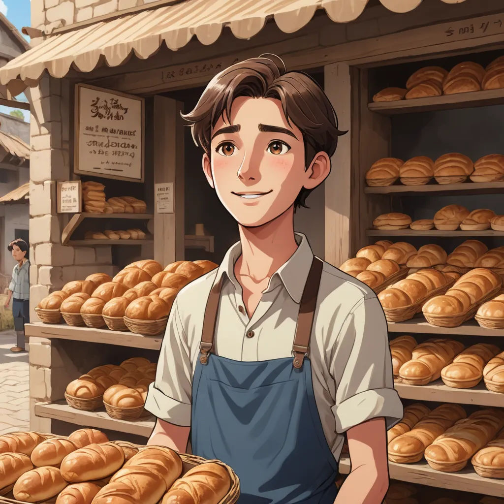 a man holding a basket of bread in front of a bakery with a lot of breads on display, remodernism, a character portrait, Cedric Seaut (Keos Masons), kinkade