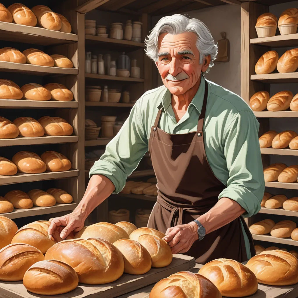 a man is working in a bakery with breads on display behind him and a shelf full of breads behind him, classical realism, computer graphics, Bob Byerley, highly detailed digital painting