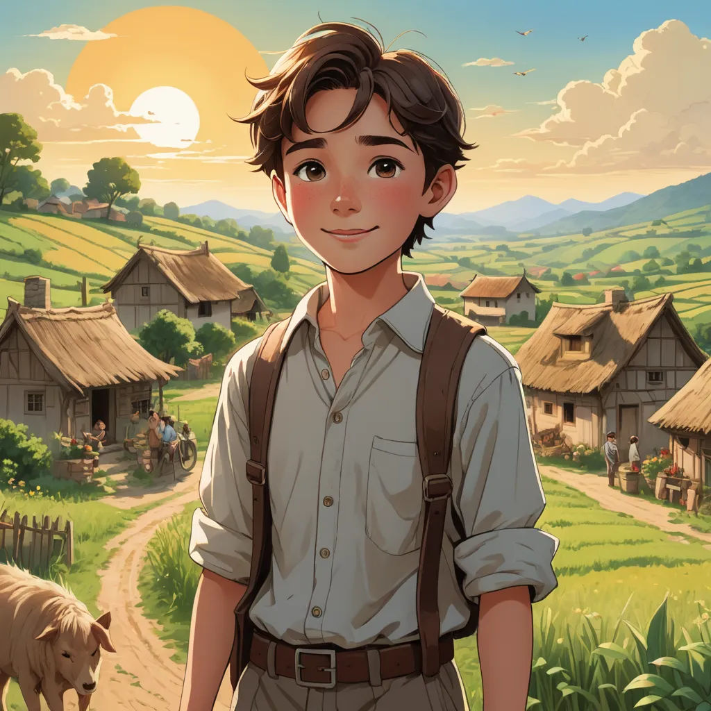 a boy standing in front of a village with a sheep in the background and a sunset in the background, regionalism, a storybook illustration, Cedric Seaut (Keos Masons), rossdraws global illumination