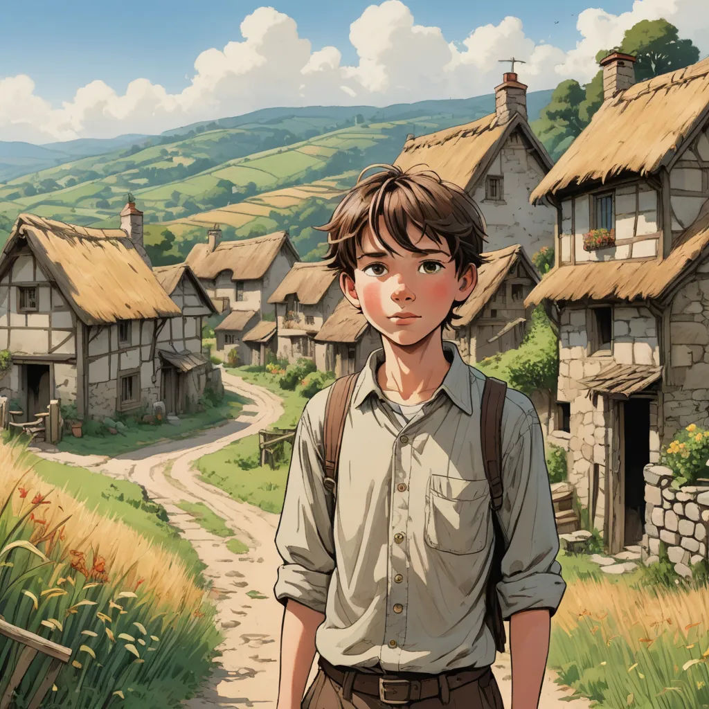 a boy standing in front of a village with a road leading to it and a house with a thatched roof, fantasy art, a comic book panel, Cliff Childs, graphic novel