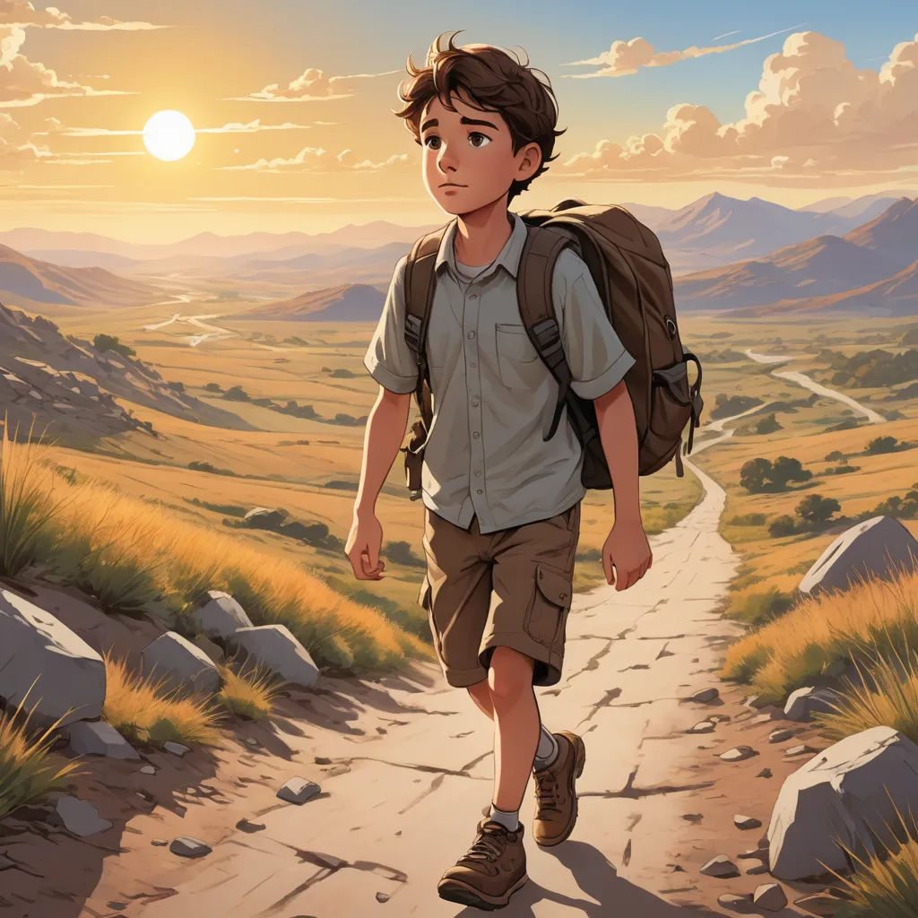 a boy with a backpack walking down a path in the mountains at sunset or sunrise time with a backpack on his back, magical realism, a storybook illustration, Aaron Jasinski, official art