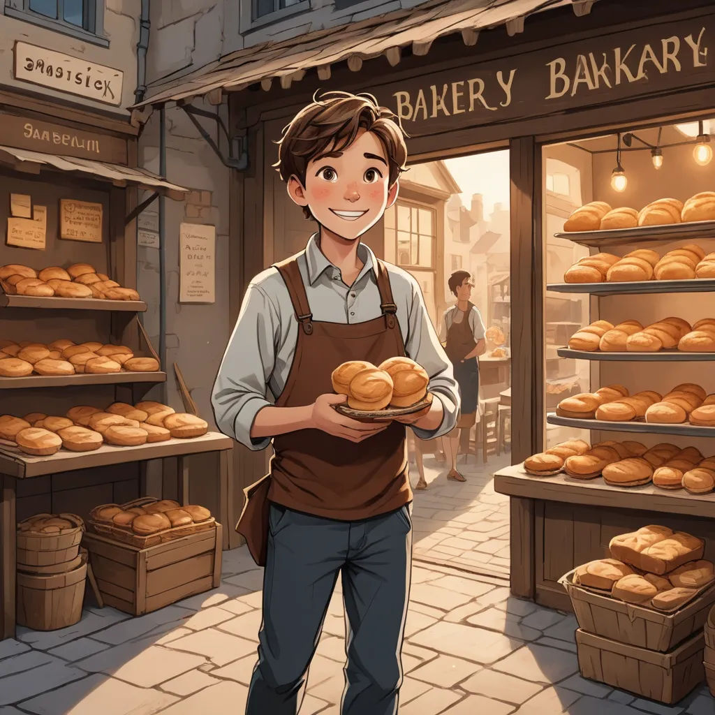 a man holding a plate of bread in front of a bakery shop with a lot of breads on display, american scene painting, a storybook illustration, Cliff Childs, kinkade