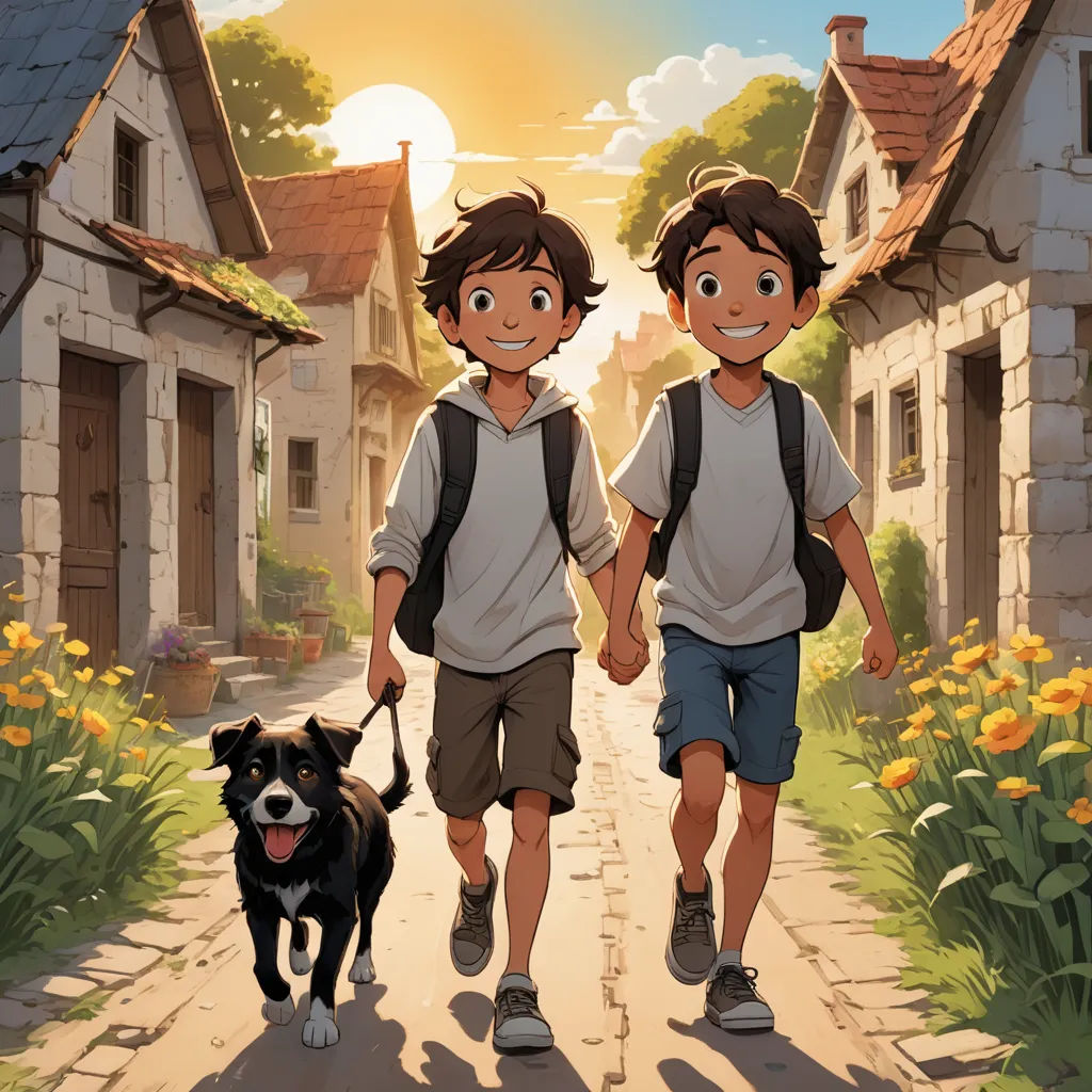 two boys walking a dog down a street with houses in the background and a dog on a leash behind them, paris school, a storybook illustration, Brothers Hildebrandt, official art
