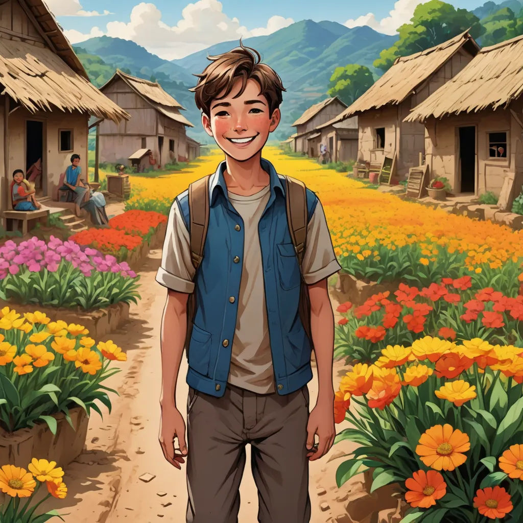 a boy standing in a field of flowers with a village in the background and a person standing in the middle, serial art, a character portrait, David Park, official art