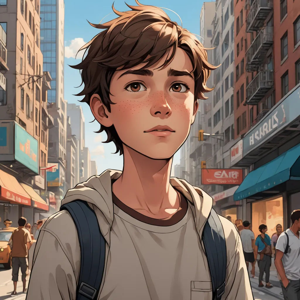 a boy with a backpack on a city street in front of a crowd of people and buildings with buildings in the background, photorealism, a comic book panel, David Park, rossdraws global illumination
