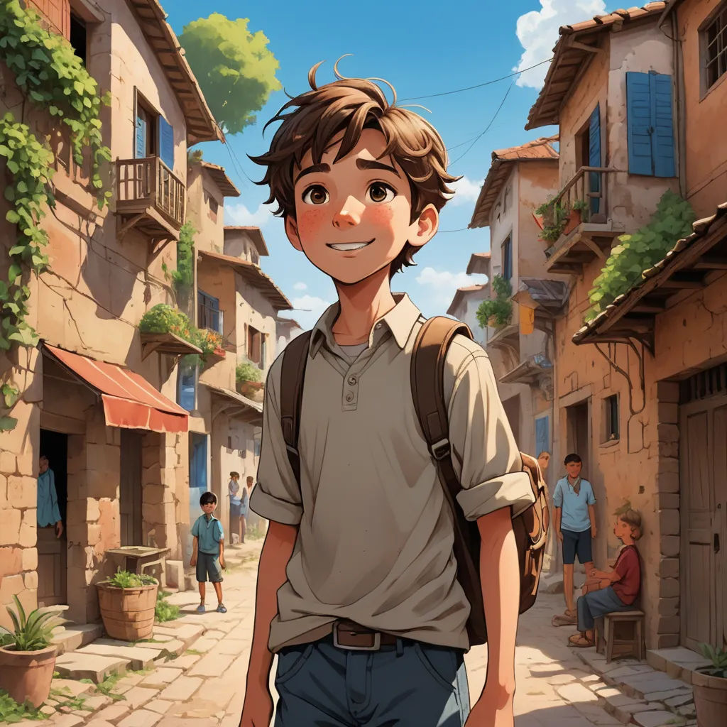 a boy with a backpack is walking down a street in a village with people walking by and a woman is walking down the street, photorealism, a storybook illustration, Diego Gisbert Llorens, rossdraws global illumination