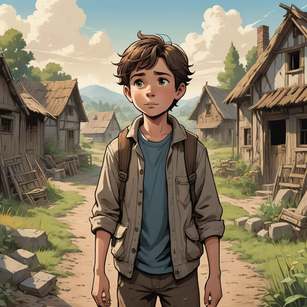 a boy standing in front of a village with a backpack on his back and a dog in the background, fantasy art, a storybook illustration, Cedric Seaut (Keos Masons), comic cover art