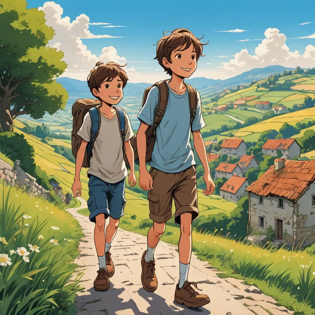 two young boys walking down a path in the countryside with a village in the background and a blue sky, les nabis, poster art, Brothers Hildebrandt, ghibli