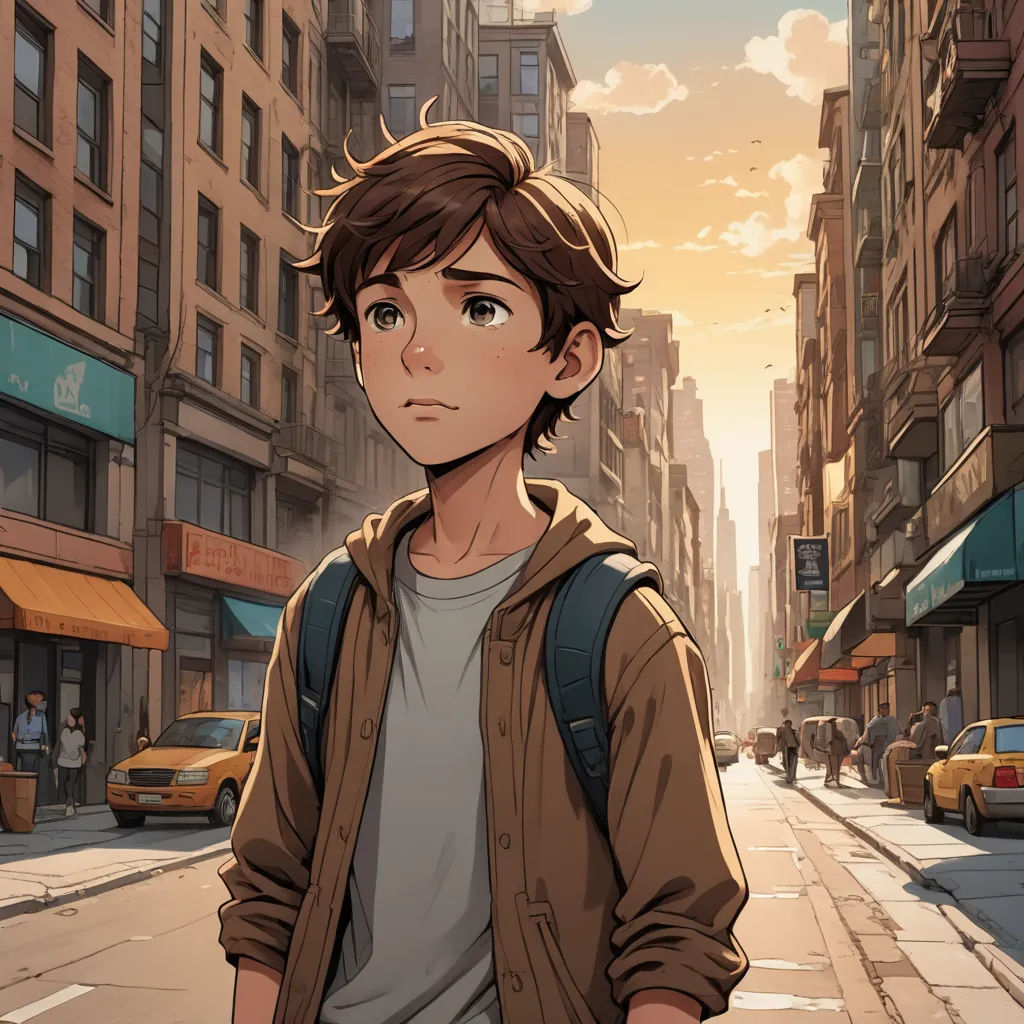 a boy standing in the middle of a city street with a backpack on his back and a city street in the background, photorealism, a comic book panel, Cedric Seaut (Keos Masons), rossdraws global illumination