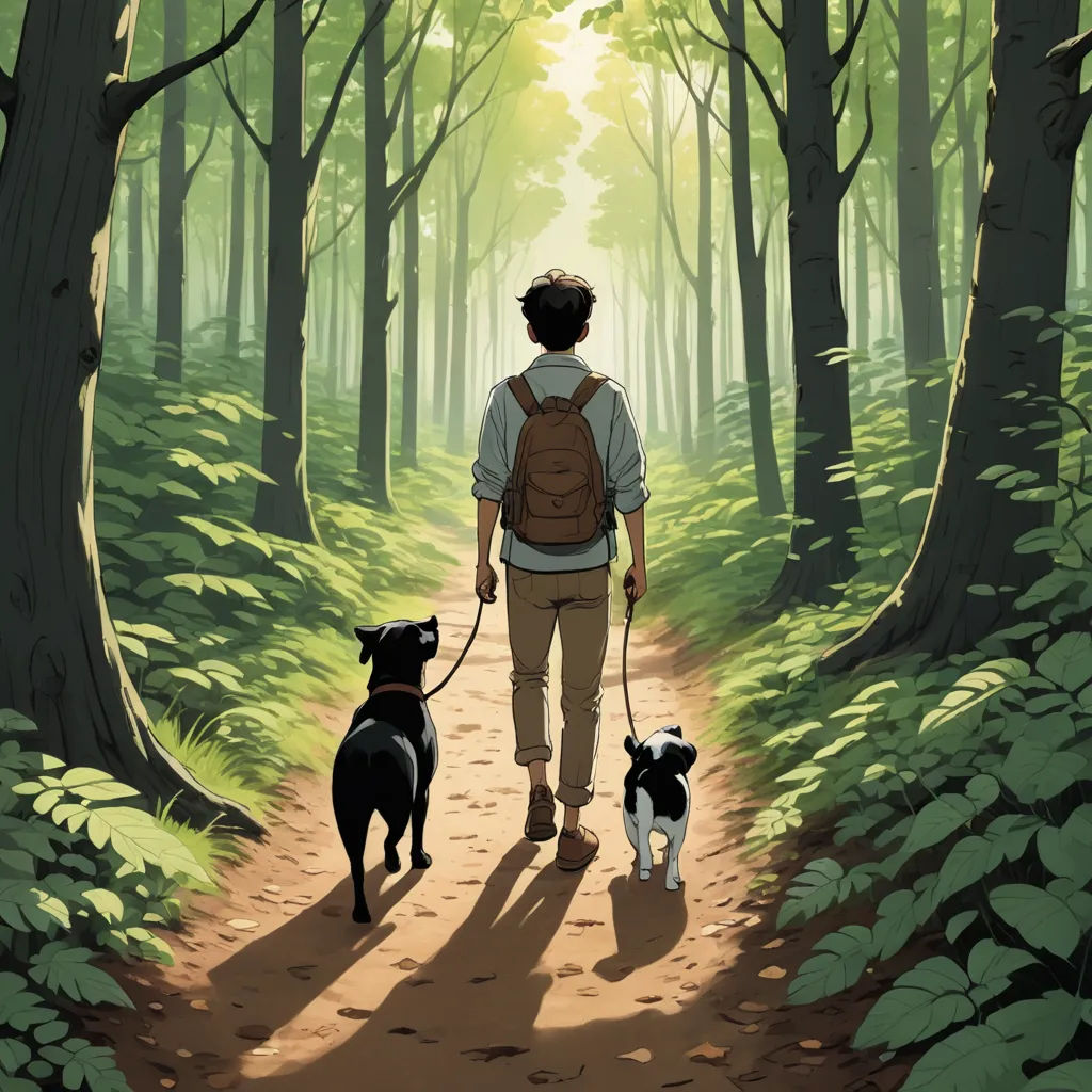 a man walking two dogs down a forest path in the sunlight with trees and ferns on either side of him, magical realism, a storybook illustration, Asaf Hanuka, comic cover art