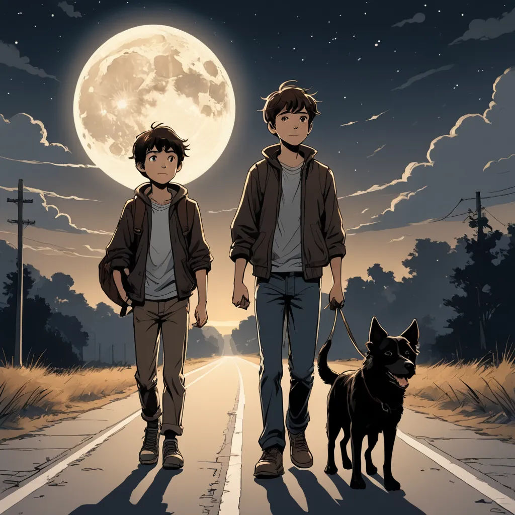 two people walking a dog down a street at night with a full moon in the background and a full moon in the sky, furry art, poster art, Aaron Jasinski, official art